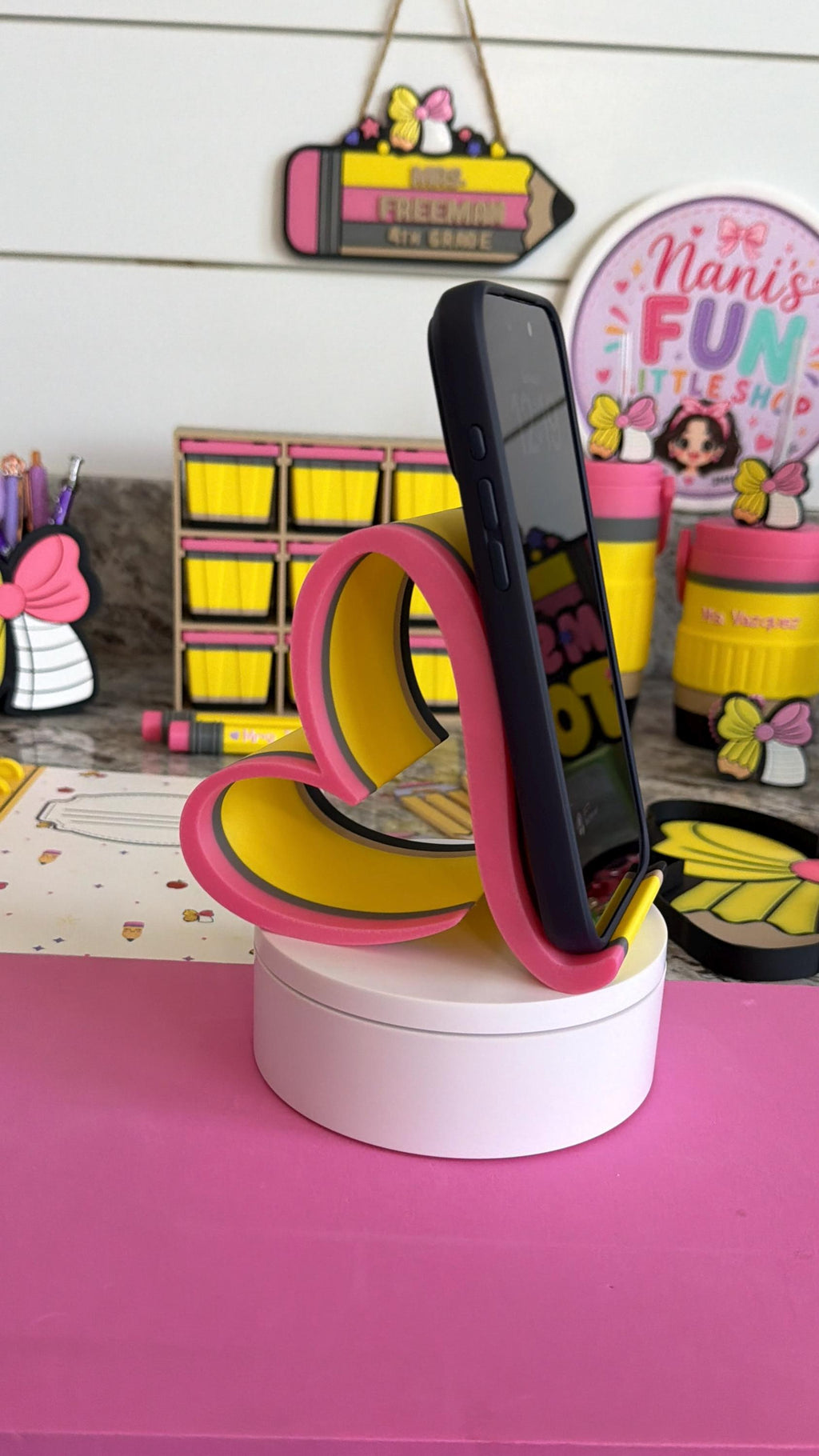 Pencil Teacher Desk Set: Pen Holder, Organizer, Name Sign, Heart Shaped Phone Stand, Fun Decor