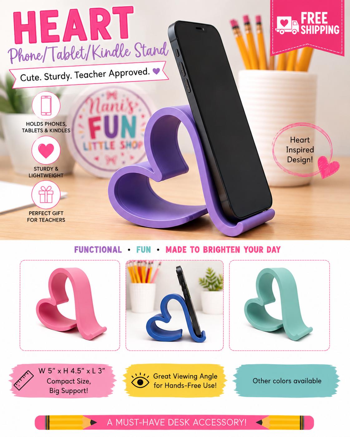 Heart-Shaped Phone Stand – 3D Printed Desk Accessory (Multiple Colors) | Kindle and Tablet Holder
