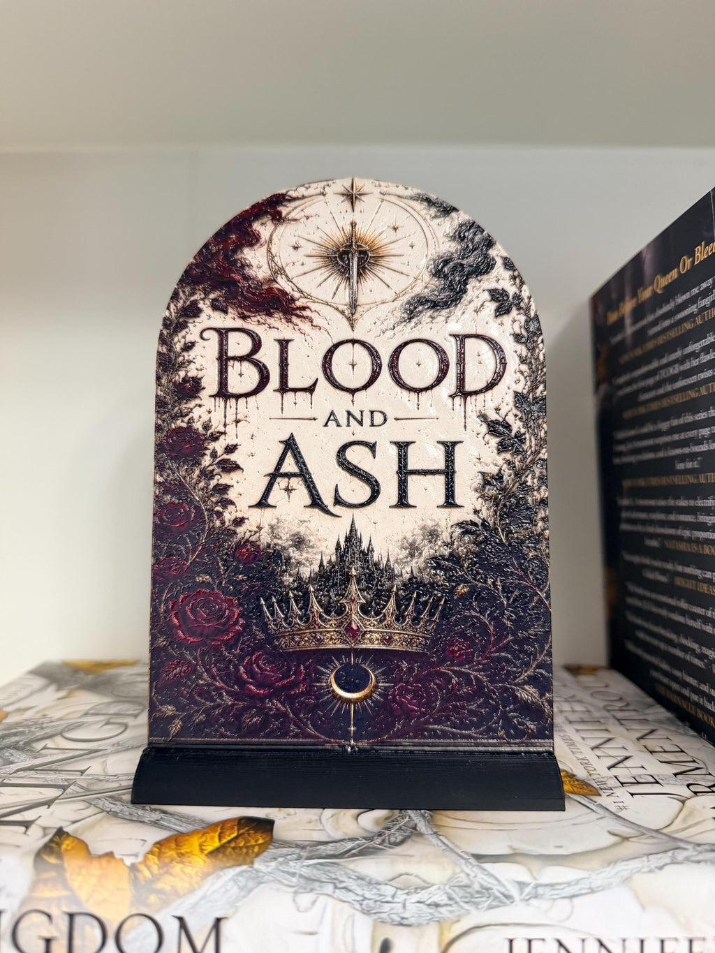 Blood and Ash Book Display Stand | Romantasy 3D Printed Bookshelf Decor | Fantasy Book Lover Gift, BookTok | UV Raised Textured Display
