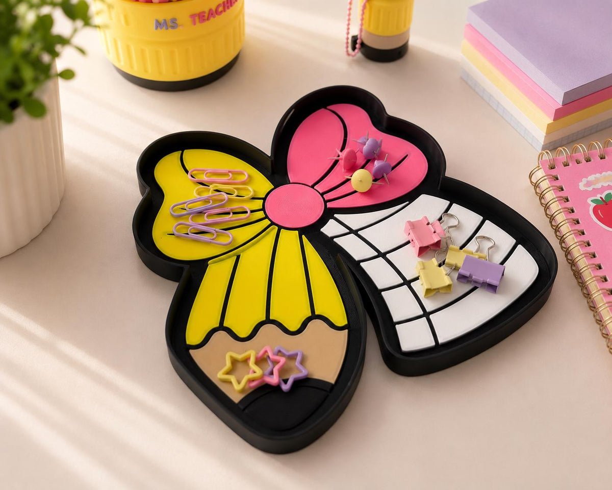 Pencil Teacher Desk Set: Pen Holder, Organizer, Name Sign, Heart Shaped Phone Stand, Fun Decor