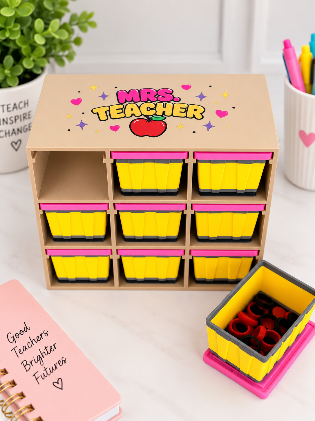Teacher Pencil Mini Tote Organizer | 9 Removable Bins, Desk Storage