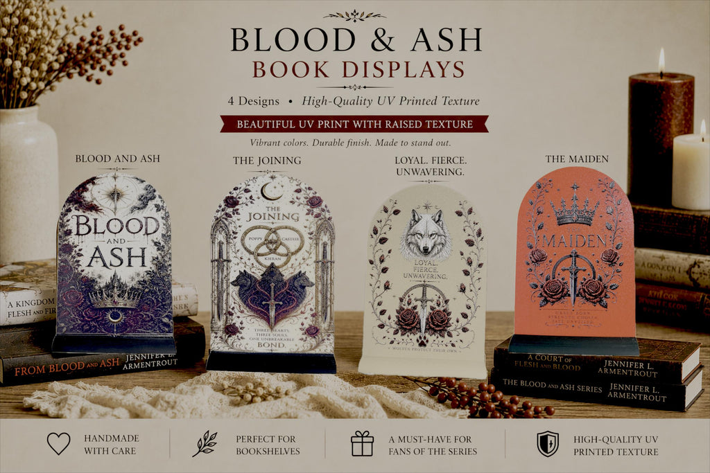 Blood and Ash Book Display Stand | Romantasy 3D Printed Bookshelf Decor | Fantasy Book Lover Gift, BookTok | UV Raised Textured Display