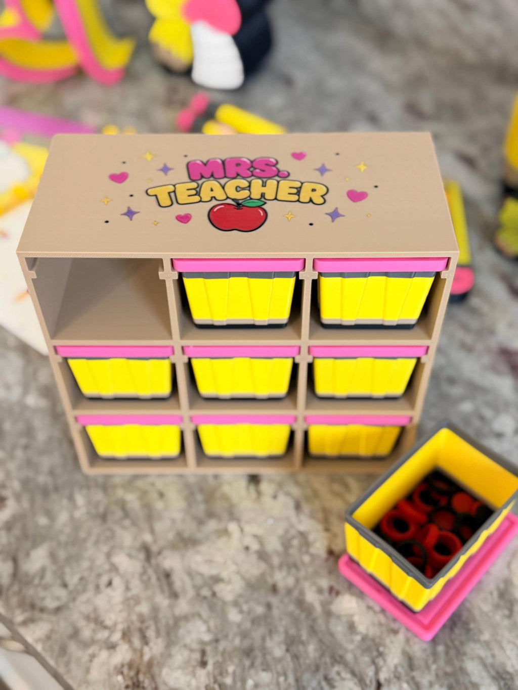 Pencil Teacher Desk Set: Pen Holder, Organizer, Name Sign, Heart Shaped Phone Stand, Fun Decor