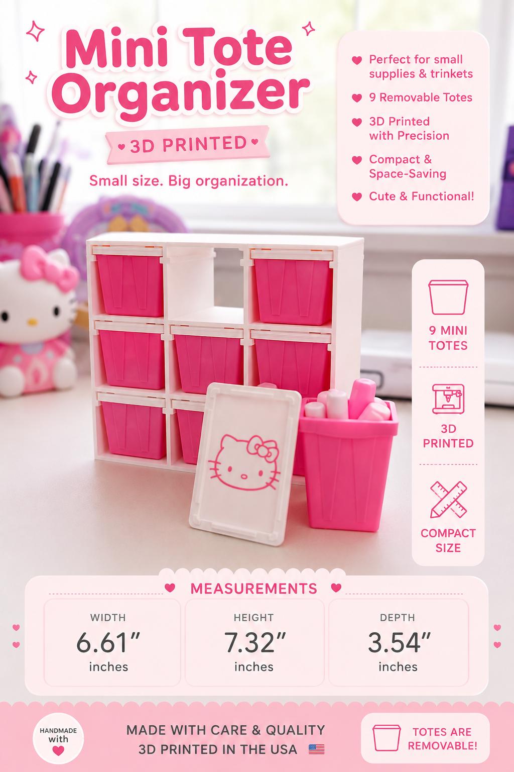3D Printed Mini Tote Organizer | 9 Removable Bins, Desk Storage Shelf