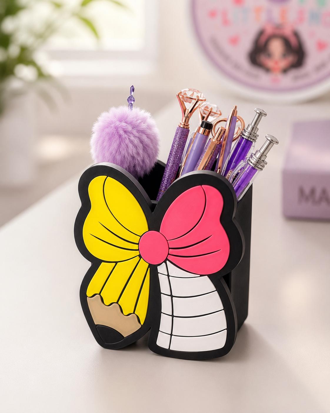 Pencil Teacher Desk Set: Pen Holder, Organizer, Name Sign, Heart Shaped Phone Stand, Fun Decor