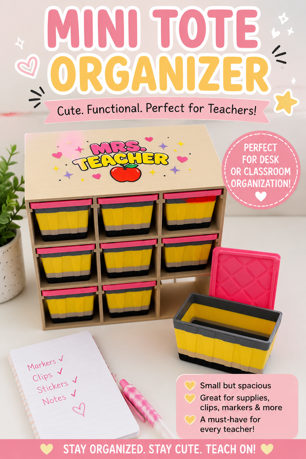 Teacher Pencil Mini Tote Organizer | 9 Removable Bins, Desk Storage
