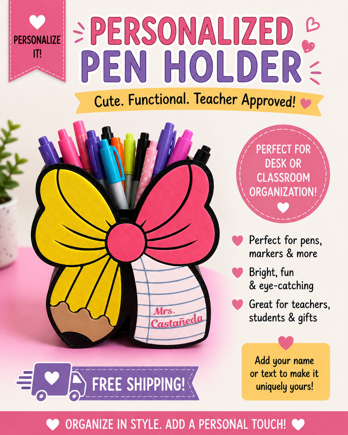 Personalized Teacher Bow Pen Holder | Custom Name Desk Organizer