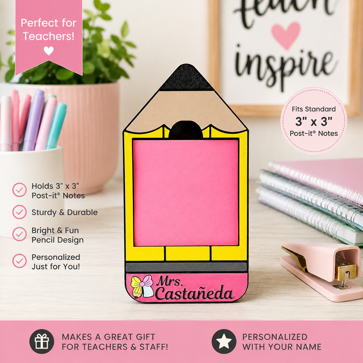 Teacher Pencil Post It Holder | Personalized Pencil Sticky Note Holder