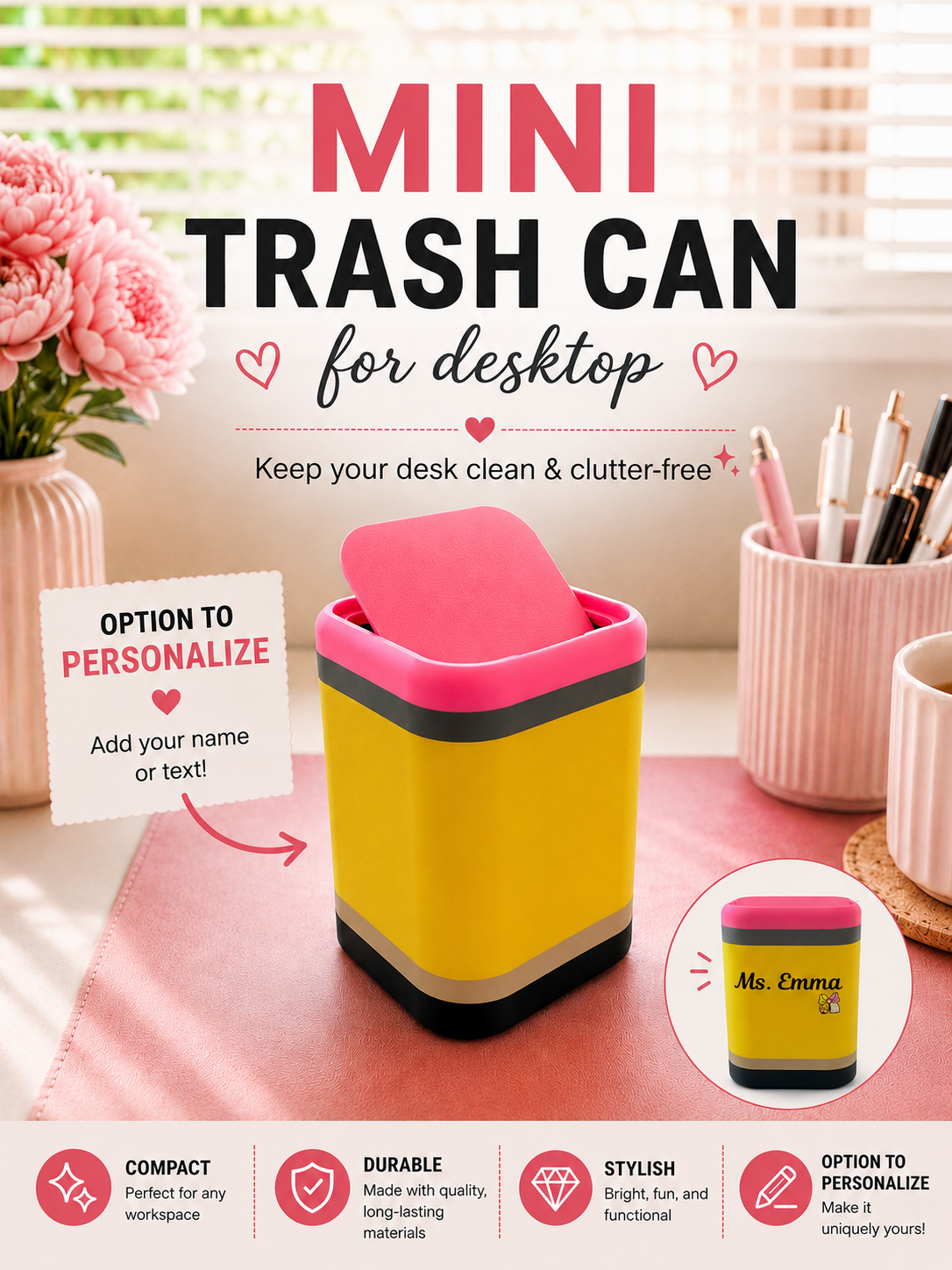 Personalized Pencil Waste Bin| Mini Desktop Organizer