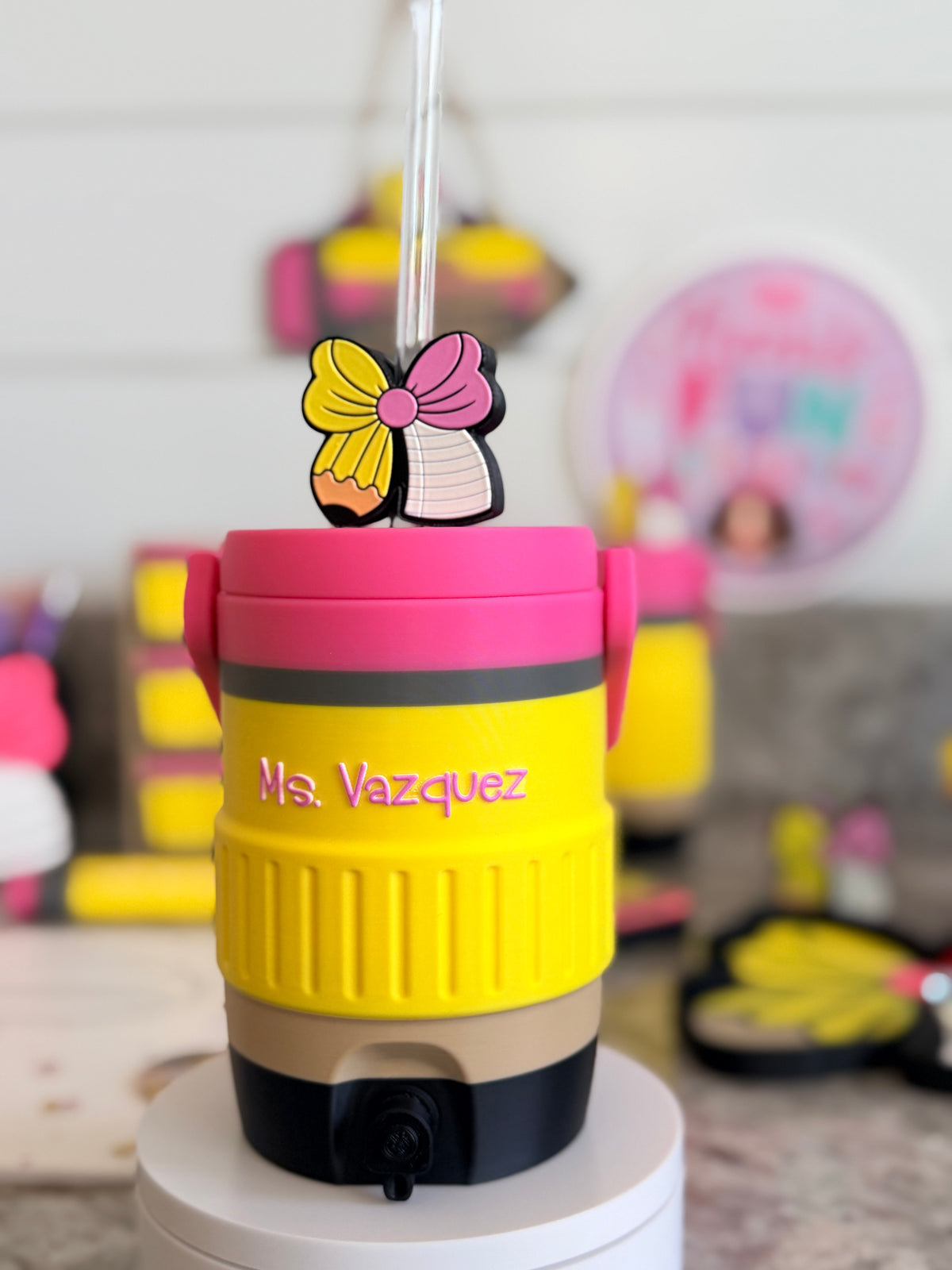 Pencil Teacher Desk Set: Pen Holder, Organizer, Name Sign, Heart Shaped Phone Stand, Fun Decor