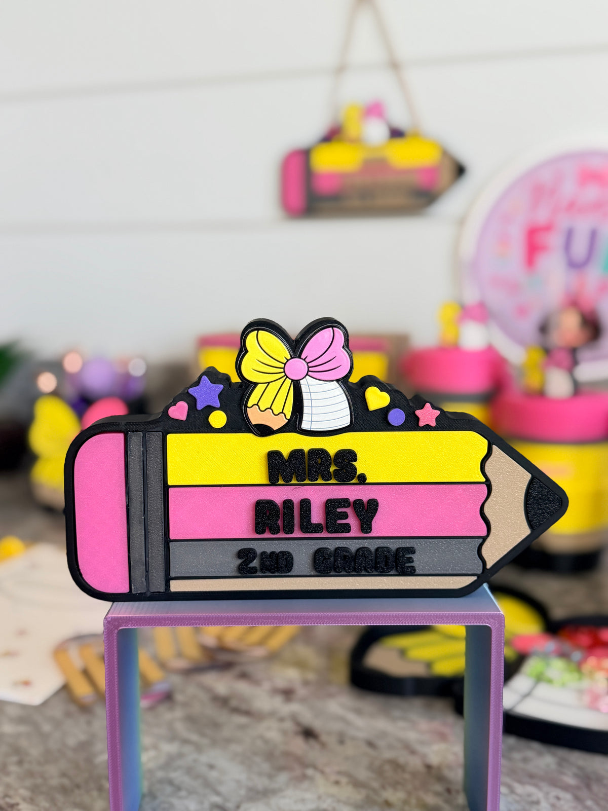 Pencil Teacher Desk Set: Pen Holder, Organizer, Name Sign, Heart Shaped Phone Stand, Fun Decor