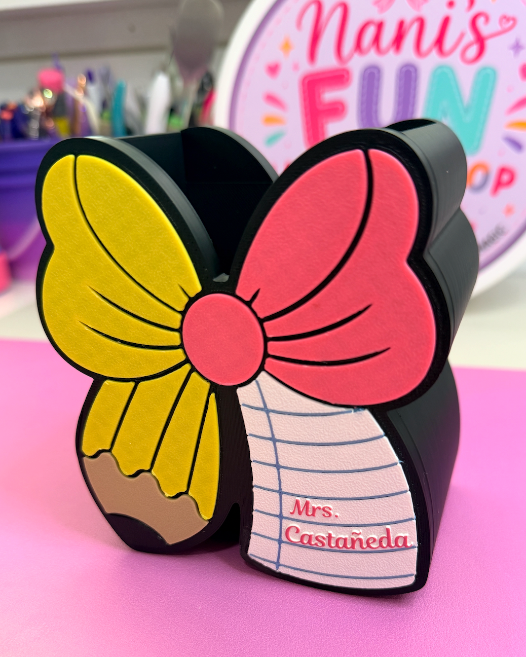 Personalized Teacher Bow Pen Holder | Custom Name Desk Organizer