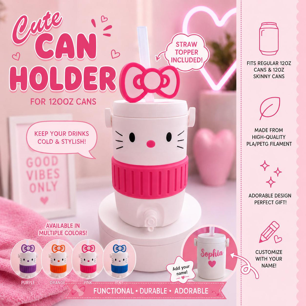 Hello Kitty Inspired Koozie Can Holder with Straw Topper, 12oz Regular & Skinny | Personalized Name Can Holder | Kawaii Desk Accessory,Gamer