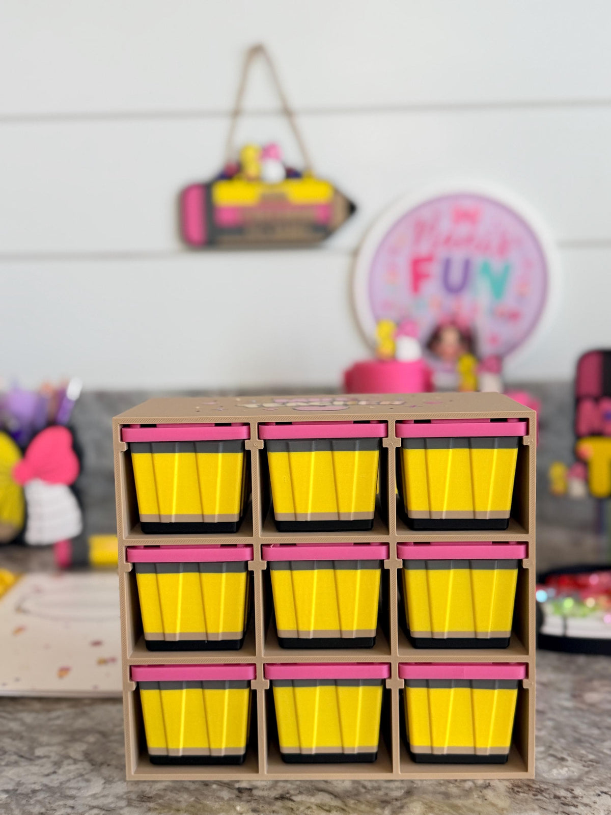Pencil Teacher Desk Set: Pen Holder, Organizer, Name Sign, Heart Shaped Phone Stand, Fun Decor