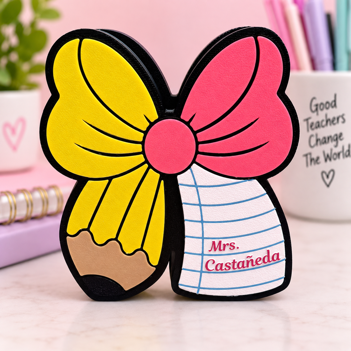 Personalized Teacher Bow Pen Holder | Custom Name Desk Organizer
